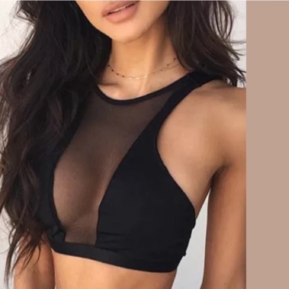 Tops - Black yoga crop top bra fitness festival rave mesh